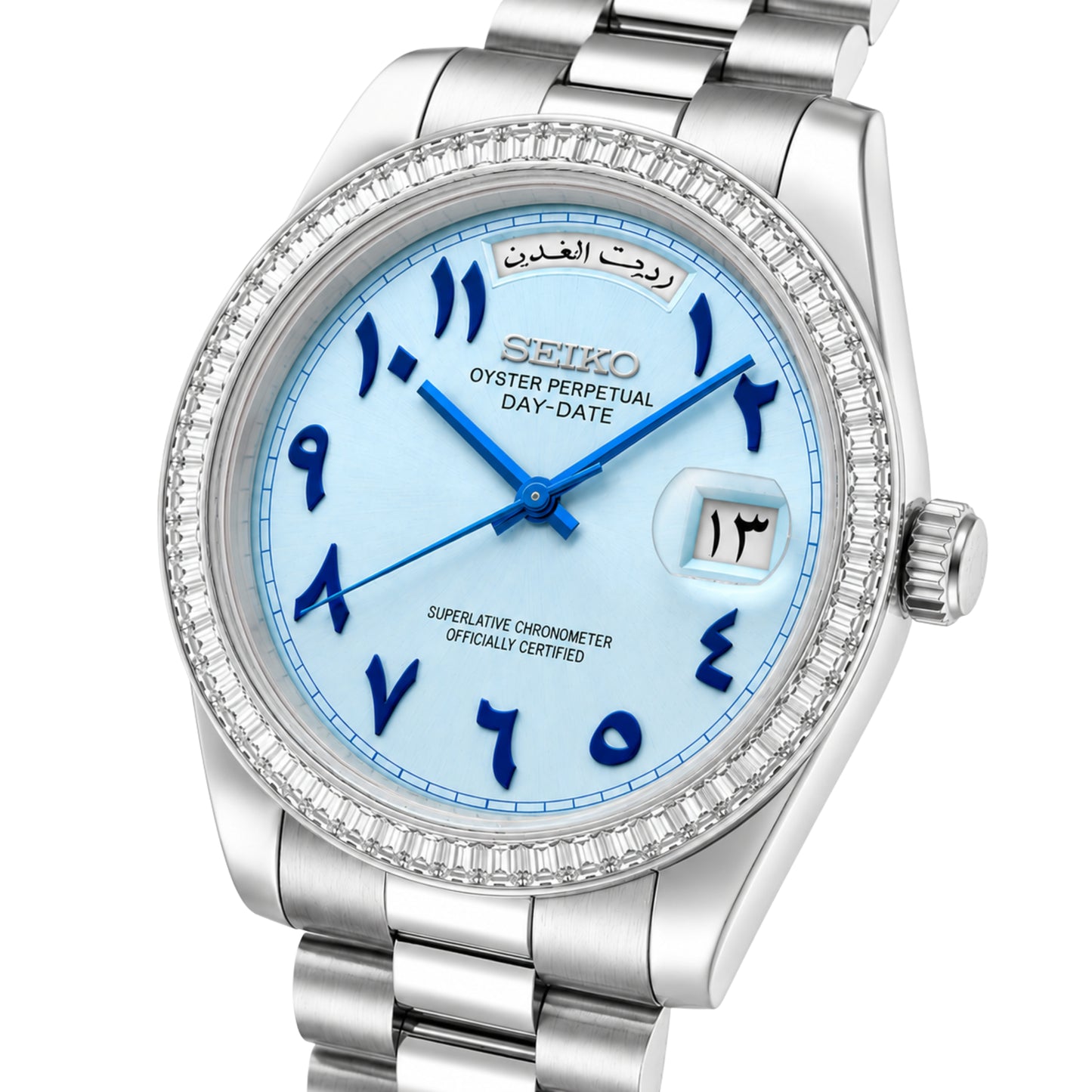 SEIKOJUST DAY-DATE ICE BLUE ARABIC (BAGUETTE BEZEL)