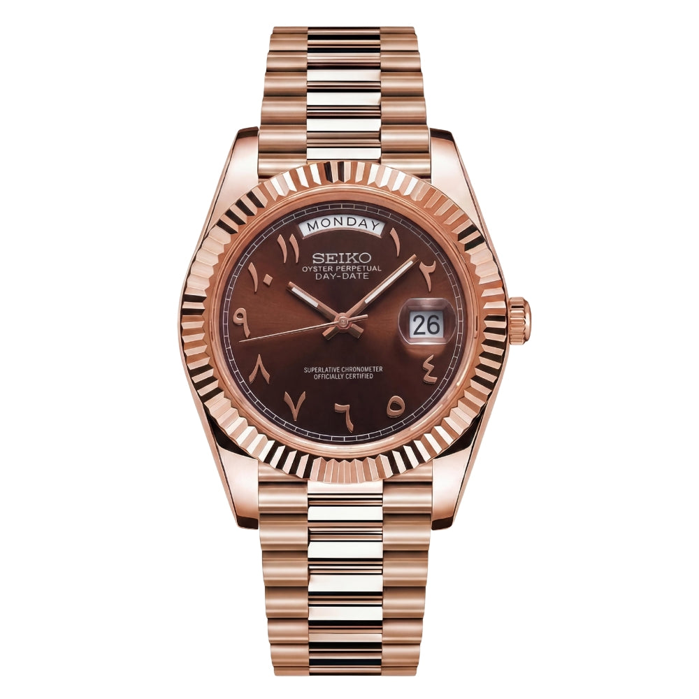 SEIKOJUST DAY-DATE CHOCOLATE ARABIC ROSE GOLD