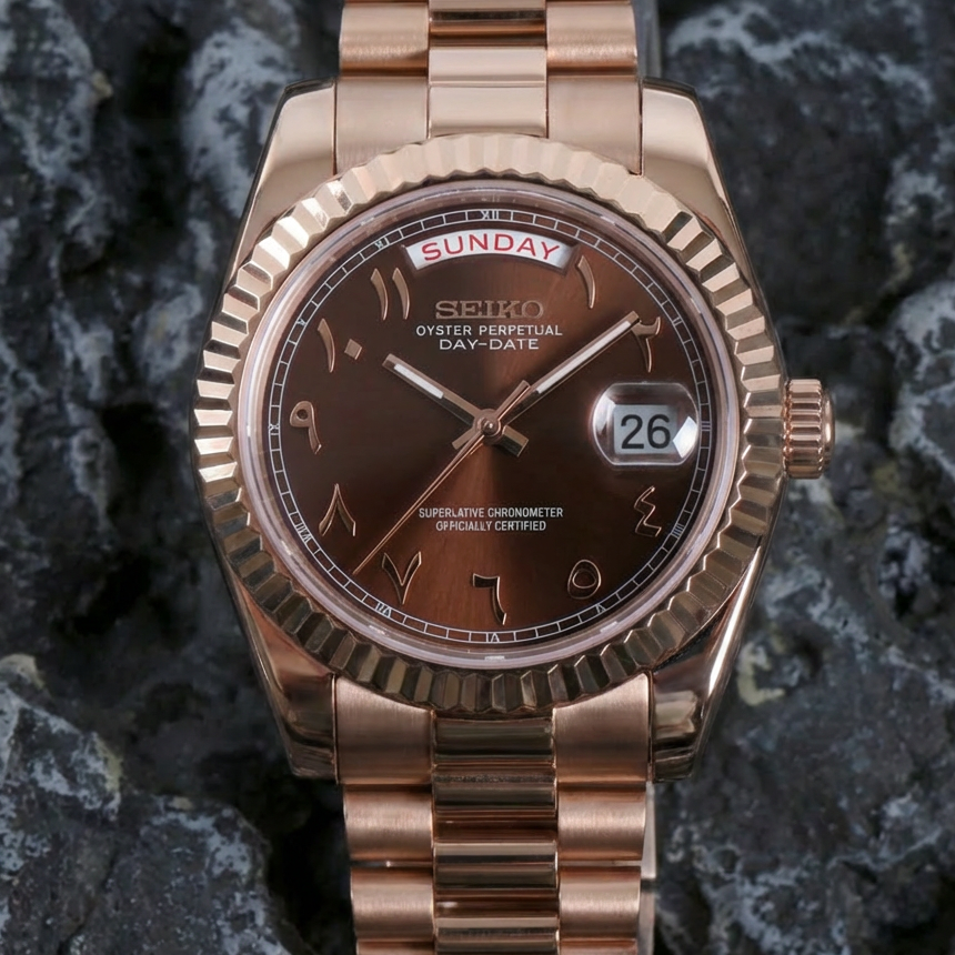 SEIKOJUST DAY-DATE CHOCOLATE ARABIC ROSE GOLD