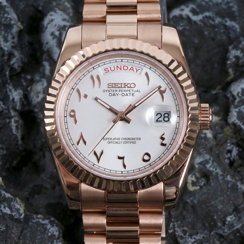 SEIKOJUST DAY-DATE WHITE ARABIC ROSE GOLD