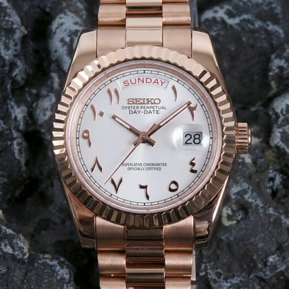 SEIKOJUST DAY-DATE WHITE ARABIC ROSE GOLD