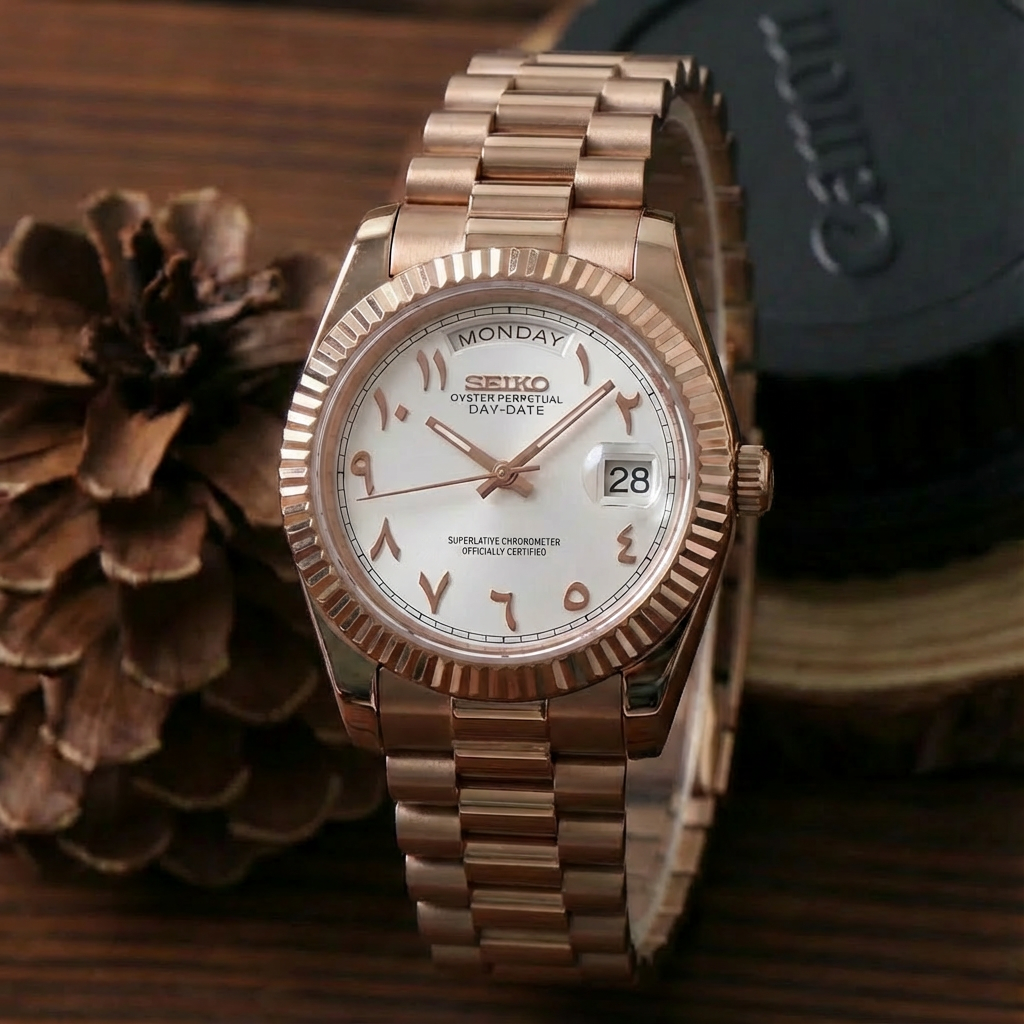 SEIKOJUST DAY-DATE WHITE ARABIC ROSE GOLD